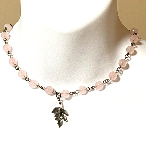 Natural Pink Rose Quartz Necklace, Bronze Leaf Branch + Genuine Gemstone Choker - Picture 2 of 14